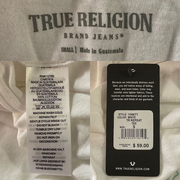 True Religion White Blue TR Repeat Tee T-Shirt Small NWT - Picture 6 of 6